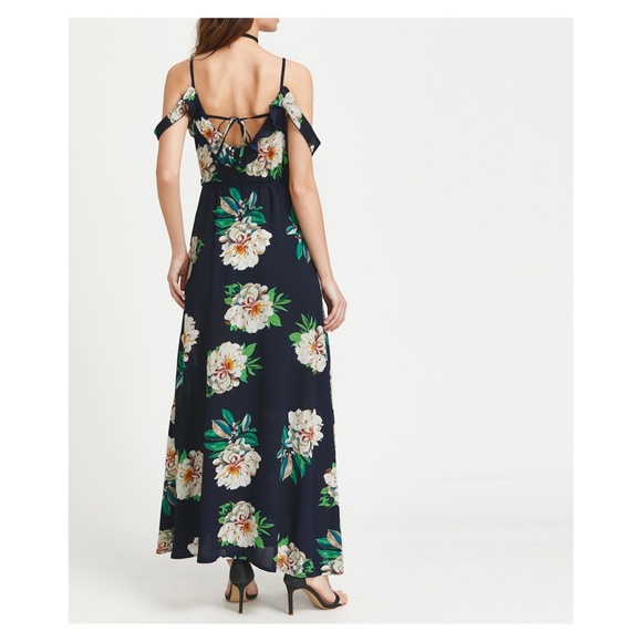 Blue Floral Cold Shoulder Ruffle Wrap Maxi Dress - Picture 4 of 4